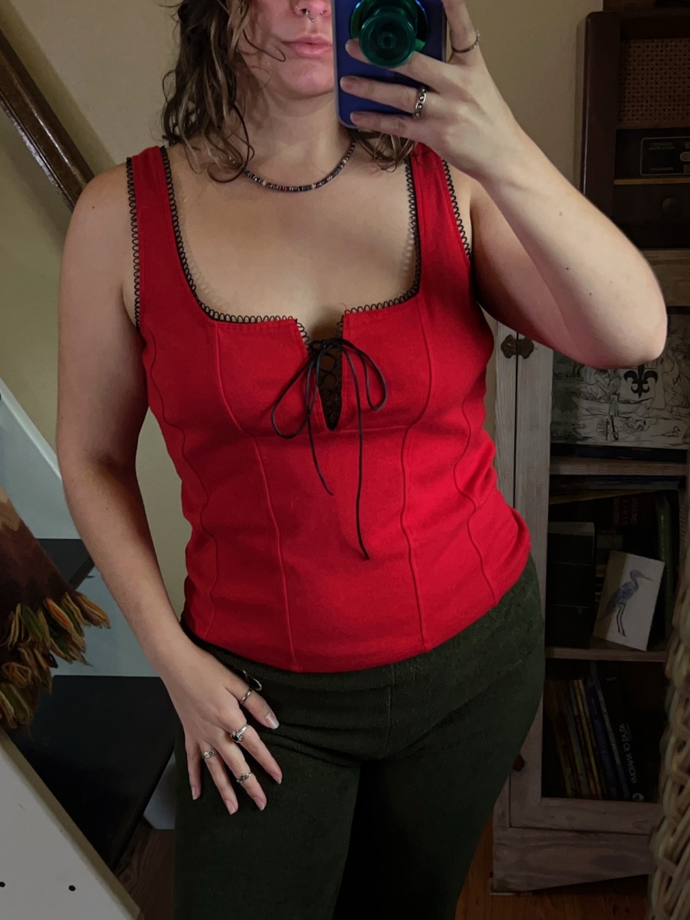 Red Corset Tank Top Cotton Black trim Lace Front Gothic Alt Punk